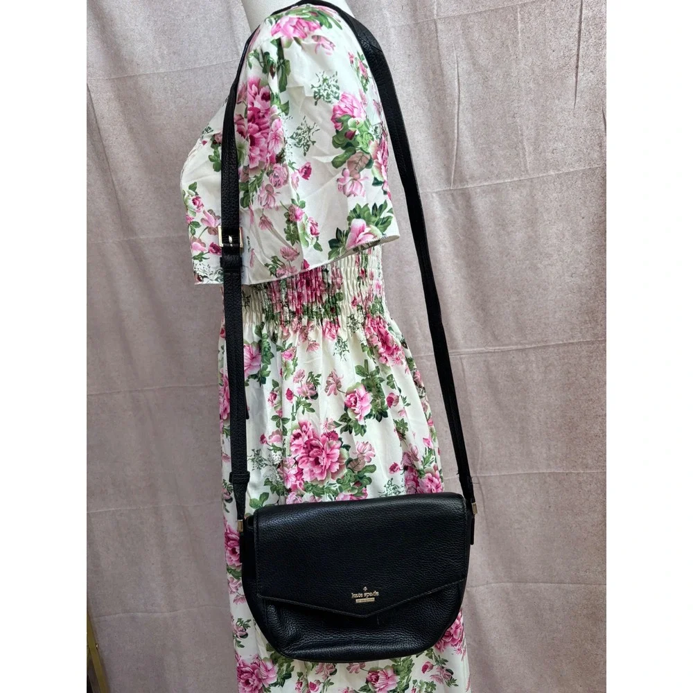 Kate Spade Black Pebble Leather Crossbody Bag Flap Shoulder Bag Adjustable Strap
